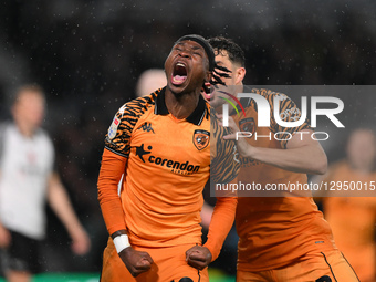 Joel Ndala of Hull City celebrates after scoring a goal to make it 1-1 during the Sky Bet Championship match between Derby County and Hull C... by MI News/NurPhoto