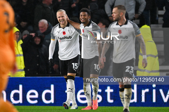 Lars-Jorgen Salvesen of Derby County celebrates with Rhian Brewster of Derby County after scoring a goal during the Sky Bet Championship mat... by MI News/NurPhoto