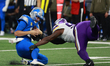 DETROIT,MICHIGAN-NOVEMBER 2: Detroit Lions quarterback Jared Goff #16 is sacked by Minneso...