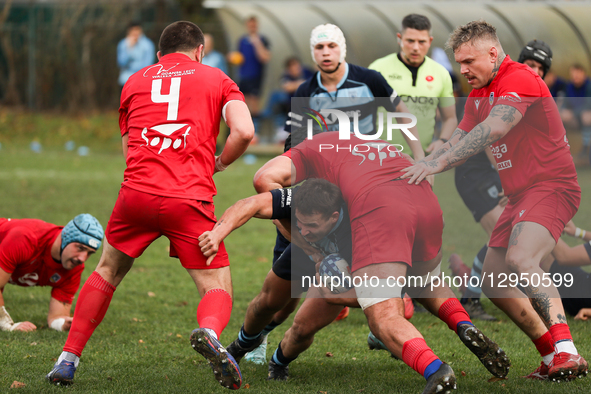 In Krakow, Poland, on November 2, 2025, Michal Jurczynski of Juvenia Krakow is challenged by Jan Mrozinski of Energa Ogniwo Sopot during the... by Klaudia Radecka/NurPhoto