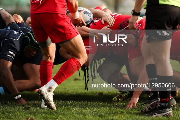 Players form a scrum during the Ekstraliga match between Juvenia Krakow and Energa Ogniwo Sopot at the Juvenii Stadium in Krakow, Poland, on... by Klaudia Radecka/NurPhoto