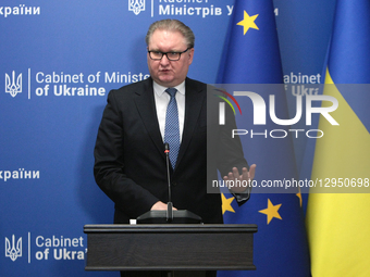 Deputy Prime Minister for European and Euro-Atlantic Integration of Ukraine, Taras Kachka, participates in a joint press briefing with EU Am... by Hennadii Minchenko/Ukrinform/NurPhoto