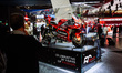 A general view of a motorcycle display at the Brembo Racing exhibition stand during the pr...