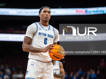 Stephon Payne (6) stands at the free throw line for the Seton Hall Pirates during an NCAA basketball game at Prudential Center in Newark, Un... by Dan Squicciarini/NurPhoto