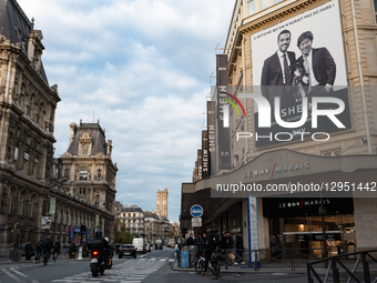 An overview of large banners and promotional visuals for Shein includes a giant poster depicting Frederic Merlin, president of the SGM group... by Jerome Gilles/NurPhoto