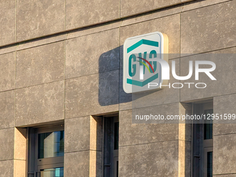 The GVG Immobilien Service logo is displayed on the paneled stone facade of a property in Munich, Bavaria, Germany, on November 4, 2025. The... by Michael Nguyen/NurPhoto