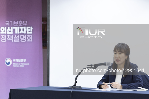 Vice Minister of Patriots and Veterans Affairs Kang Yoon-jin takes questions from foreign correspondents during a policy briefing at the Seo... by Chris Jung/NurPhoto