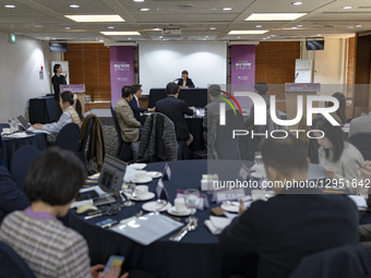 Vice Minister of Patriots and Veterans Affairs Kang Yoon-jin takes questions from foreign correspondents during a policy briefing at the Seo... by Chris Jung/NurPhoto