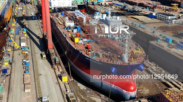 The giant ship is under construction at Beihai Shipbuilding Co., Ltd. in Qingdao, Shandong Province, China, on November 5, 2025.  by Costfoto/NurPhoto