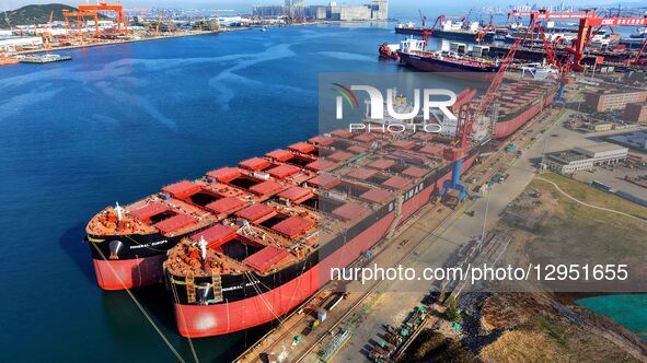 The giant ship is under construction at Beihai Shipbuilding Co., Ltd. in Qingdao, Shandong Province, China, on November 5, 2025.  by Costfoto/NurPhoto