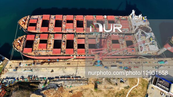 The giant ship is under construction at Beihai Shipbuilding Co., Ltd. in Qingdao, Shandong Province, China, on November 5, 2025.  by Costfoto/NurPhoto