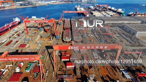 The giant ship is under construction at Beihai Shipbuilding Co., Ltd. in Qingdao, Shandong Province, China, on November 5, 2025.  by Costfoto/NurPhoto