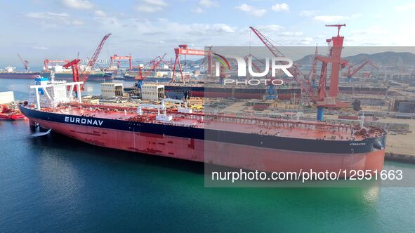 The giant ship is under construction at Beihai Shipbuilding Co., Ltd. in Qingdao, Shandong Province, China, on November 5, 2025.  by Costfoto/NurPhoto