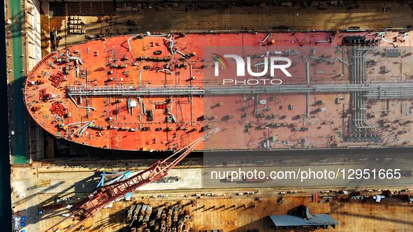 The giant ship is under construction at Beihai Shipbuilding Co., Ltd. in Qingdao, Shandong Province, China, on November 5, 2025.  by Costfoto/NurPhoto