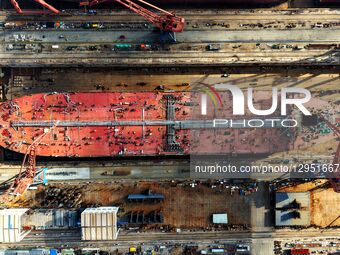 The giant ship is under construction at Beihai Shipbuilding Co., Ltd. in Qingdao, Shandong Province, China, on November 5, 2025.  by Costfoto/NurPhoto