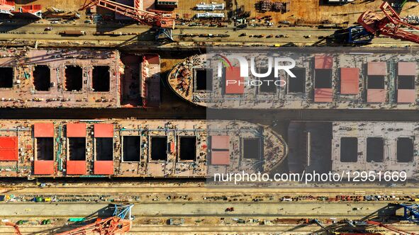 The giant ship is under construction at Beihai Shipbuilding Co., Ltd. in Qingdao, Shandong Province, China, on November 5, 2025.  by Costfoto/NurPhoto