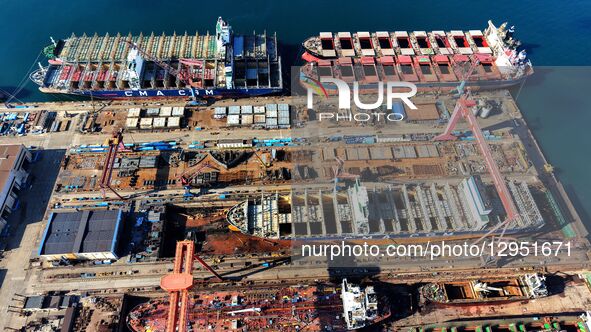 The giant ship is under construction at Beihai Shipbuilding Co., Ltd. in Qingdao, Shandong Province, China, on November 5, 2025.  by Costfoto/NurPhoto