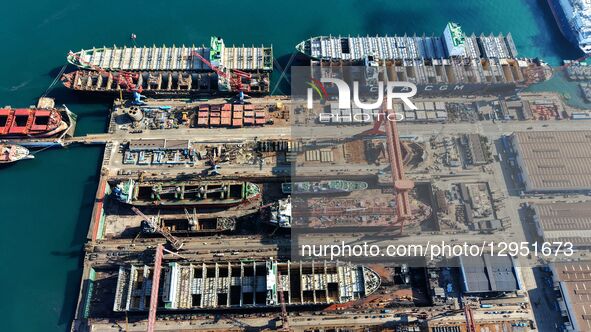 The giant ship is under construction at Beihai Shipbuilding Co., Ltd. in Qingdao, Shandong Province, China, on November 5, 2025.  by Costfoto/NurPhoto