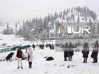 Tourists flock to Gulmarg, a renowned ski resort in Jammu and Kashmir, India, on November 5, 2025, to experience the season's first snowfall... by Nasir Kachroo/NurPhoto