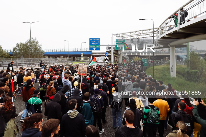 The Demonstration In Support Of The Global Sumud Flotilla After The Interception By The Israeli Army Off The Coast Of Gaza During The General Strike On The East Ring Road In Milan