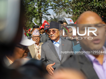 Former Nepali Prime Minister Pushpa Kamal Dahal, also known as Prachanda, arrives at the event venue for the announcement of the merger of 1... by Subaas Shrestha/NurPhoto