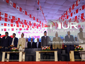 Nepali communist leaders take part in the merger announcement ceremony of the ten communist parties under one name, the ''Nepali Communist P... by Subaas Shrestha/NurPhoto