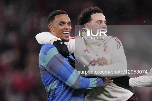 Trent Alexander-Arnold right-back of Real Madrid and England and Curtis Jones central midfield of Liverpool and England before the UEFA Cham... by Jose Breton/NurPhoto