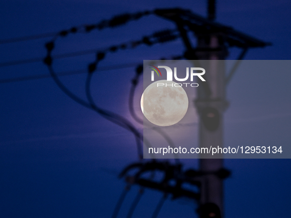 The Beaver Moon rises behind urban neighbourhood as the sun sets in Krakow, Poland on November 4, 2025.  by Dominika Zarzycka/NurPhoto