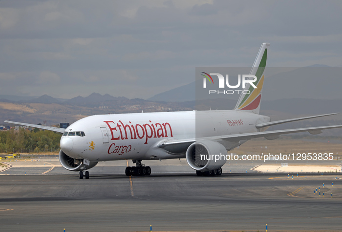 An Ethiopian Cargo Boeing 777-F on the runway at Madrid Airport