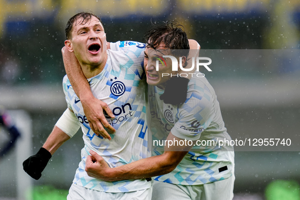 Francesco Pio Esposito of FC Internazionale celebrates with Nicolo Barella after Martin Frese of Hellas Verona  scored an own goal during th... by Giuseppe Maffia/NurPhoto