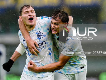 Francesco Pio Esposito of FC Internazionale celebrates with Nicolo Barella after Martin Frese of Hellas Verona  scored an own goal during th... by Giuseppe Maffia/NurPhoto
