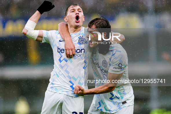Francesco Pio Esposito of FC Internazionale celebrates with Nicolo Barella after Martin Frese of Hellas Verona  scored an own goal during th... by Giuseppe Maffia/NurPhoto
