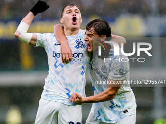 Francesco Pio Esposito of FC Internazionale celebrates with Nicolo Barella after Martin Frese of Hellas Verona  scored an own goal during th... by Giuseppe Maffia/NurPhoto