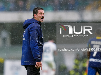 Cristian Chivu Head Coach of FC Internazionale celebrates after Martin Frese of Hellas Verona FC scored an own goal during the Serie A Enili... by Giuseppe Maffia/NurPhoto