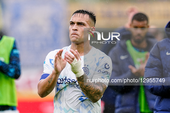 Lautaro Martinez of FC Internazionale greets the fans at the end of the Serie A Enilive match between Hellas Verona FC and FC Internazionale... by Giuseppe Maffia/NurPhoto