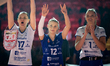 Svitlana Dorsman, Aleksandra Szczyglowska, and Dominika Pierzchala play during the volleyb...