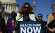 April Verrett, SEIU President, speaks at a press conference about health care outside of t...