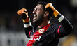 In Madrid, Spain, on November 6, Augusto Batalla of Rayo Vallecano celebrates a goal durin...