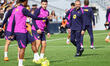 Hansi Flick coaches during FC Barcelona training at the Joan Gamper Sports City before the...