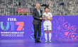Yu Y. Jong Hyang, the forward of Korea DPR U-17, receives the Golden Shoe Award at the FIF...