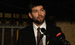 Denmark's Chief Rabbi Jair Melchior gives a speech outside the Synagogue in Copenhagen, De...