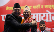 Former Nepali Prime Minister Jhalanath Khanal welcomes former Defense Minister Bhim Rawal...