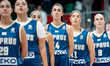 Stilyana Chenaklieva and her teammates stand during the national anthem before the FIBA Wo...