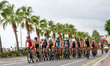 Athletes compete during the Elite Men's race at the 2025 Europe Triathlon Cup Alanya in An...