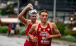 Athletes compete during the Elite Men's race at the 2025 Europe Triathlon Cup Alanya in An...