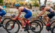 Manon Laporte of France competes in the Elite Women's race at the 2025 Europe Triathlon Cu...