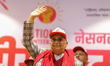 Senior leaders and cadres affiliated with CPN-UML take out a rally in Kathmandu, Nepal, on...