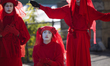 The Red Rebel Brigade performs on a small island formed by the unusually low flow of the r...