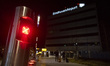 Eindhoven Airport illuminating logo inscription. Eindhoven Airport was significantly disru...