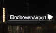 Eindhoven Airport illuminating logo inscription. Eindhoven Airport was significantly disru...